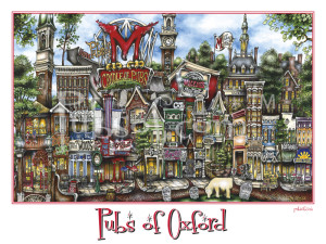 Colorful illustration of a whimsical streetscape depicting various iconic and fantastical buildings and signage in Oxford, titled "pubsOf Oxford, OH (poster).
