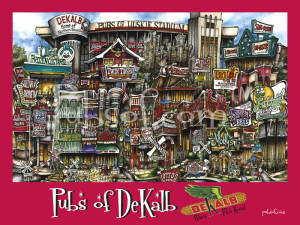 Colorful illustration of DeKalb's bustling cityscape featuring various businesses, lively streets, and vibrant signage, highlighted as the "pubsOf DeKalb, IL poster.