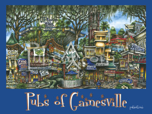 Illustration of pubsOf Gainesville, FL featuring vibrant, detailed depictions of local pubs, shops, and street scenes under a canopy of trees, with "pubs of Gainesville" text.