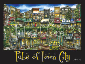 Colorful illustration of pubsOf Iowa City, IA's downtown area, featuring lively, detailed facades of various pubs and restaurants, adorned with bright neon signs.