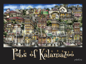 Illustrated poster of pubsOf Kalamazoo, MI, featuring detailed, colorful drawings of different bar facades under a night sky.