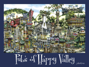 Illustration of various whimsical and densely packed pubs in Happy Valley, each with unique, colorful signage in a vibrant night setting featuring pubsOf Happy Valley, PA.