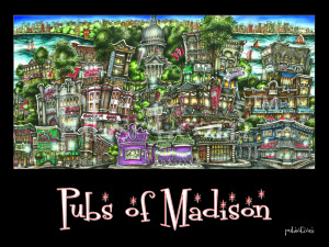 Colorful illustration of various whimsical and stylized buildings labeled as pubsOf Madison, WI, with vibrant details and a cityscape in the background.