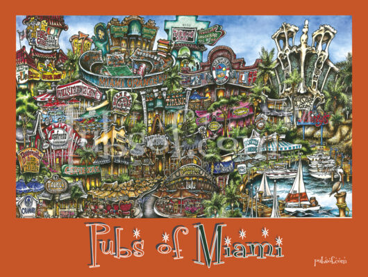 Illustration of colorful and vibrant pubsOf Miami, FL landmarks and cultural icons, featuring eclectic typography and vivid imagery depicting the city's attractions.