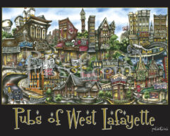 Illustrated poster titled "pubsOf West Lafayette, IN," featuring stylized, whimsical drawings of various pubs and architectural elements with prominent signage.