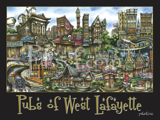 Illustrated poster titled "pubsOf West Lafayette, IN," featuring stylized, whimsical drawings of various pubs and architectural elements with prominent signage.