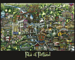 Illustrated map of portland featuring stylized and whimsical depictions of various pubs, highlighted with vivid colors and intricate details.