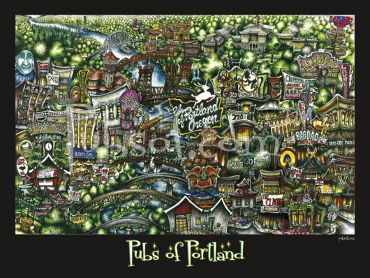 Illustrated map of portland featuring stylized and whimsical depictions of various pubs, highlighted with vivid colors and intricate details.