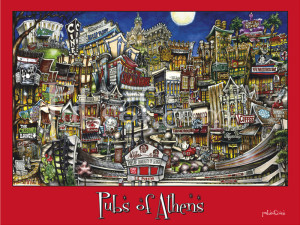 Illustration of whimsical caricatures depicting the pubs of Athens, each uniquely styled and densely packed, with vibrant colors and details, titled "pubsOf Athens, GA poster.
