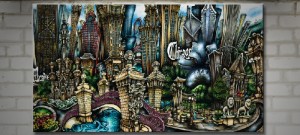 Colorful mural depicting a fantastical version of chicago with exaggerated architectural elements and vibrant textures.