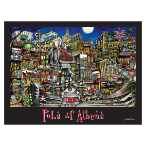 Colorful illustration titled "pubsOf Athens, GA poster" featuring a vibrant, detailed montage of various pub signs and architectural elements representative of Athens nightlife.