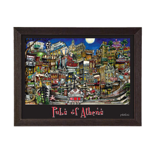 Framed artwork titled 'pubsOf Athens, GA poster' depicting a colorful, detailed illustration of vibrant city life and landmarks in Athens.