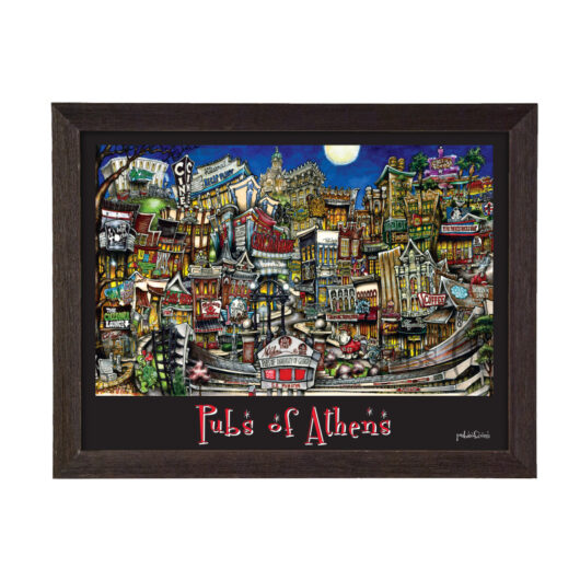 Framed artwork titled 'pubsOf Athens, GA poster' depicting a colorful, detailed illustration of vibrant city life and landmarks in Athens.