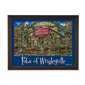 Vibrant painting of various colorful pubs titled "Pubs of Wrigleyville, Chicago," framed in dark wood, featuring lively, detailed facades.