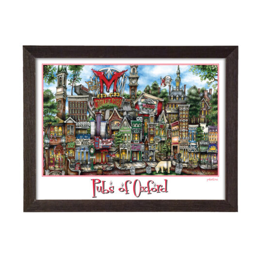 Framed artwork titled "pubsOf Oxford, OH (poster)," featuring a colorful, whimsical illustration of various Oxford pubs in a dense, detailed style.