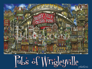 Illustration of "pubs of Wrigleyville, Chicago" showcasing a stylized collection of iconic pub signs from Chicago, arranged around a central, prominent "Wrigleyville" arch.