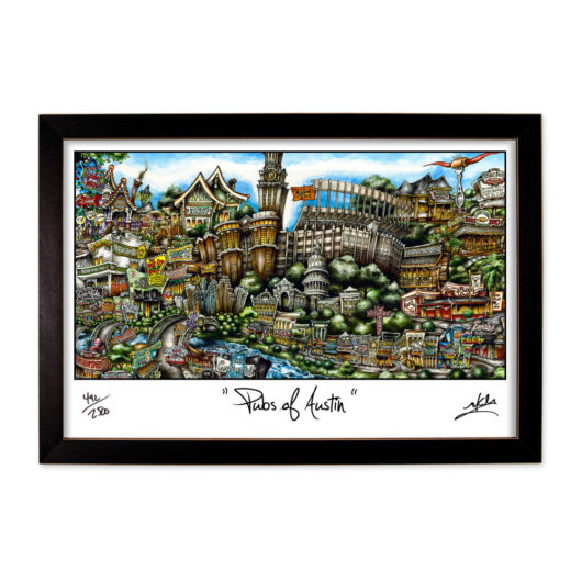 Colorful, detailed illustration of pubsOf Austin, TX landmarks framed in black, labeled "photos of austin," signed by the artist.