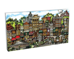 Colorful illustration of a bustling, historic main street with diverse architectural styles and vibrant signage, displayed on a pubsOf Athens, OH canvas.