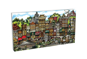 Colorful illustration of a bustling, historic main street with diverse architectural styles and vibrant signage, displayed on a pubsOf Athens, OH canvas.