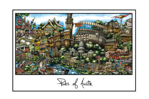Colorful illustrated map of austin featuring landmarks and whimsical elements, titled "pubsOf Austin, TX print.