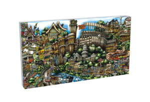 Illustration of pubsOf Austin, TX, a bustling, whimsical city with a mix of fantastical and contemporary architecture, featuring diverse buildings and vibrant colors.