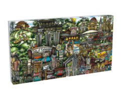 Colorful illustrated puzzle featuring a whimsical cityscape with detailed, fantastical buildings and numerous playful signs.