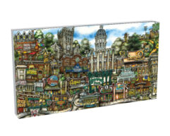 Illustrated canvas depicting a vibrant, detailed cityscape with whimsical buildings and signs, featuring diverse architecture and greenery.