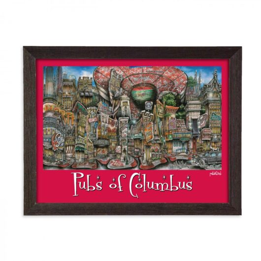 Framed artwork titled "pubsOf Columbus, OH poster," featuring a colorful, detailed illustration of various fictional pubs and buildings in Columbus.