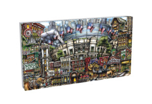 Illustration of a bustling cityscape with diverse architectural styles, featuring flags, animals, and assorted signage. pubsOf Downtown Chicago - (Canvas)