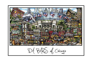 Illustration of various iconic Chicago landmarks and symbols, including buildings, animals, and flags, titled "pubsOf Downtown Chicago.