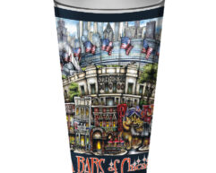 Cylindrical souvenir cup decorated with vibrant illustrations of iconic downtown Chicago pubs, featuring american flags and a "bars & chats" label.