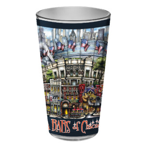 Cylindrical souvenir cup decorated with vibrant illustrations of iconic downtown Chicago pubs, featuring american flags and a "bars & chats" label.