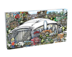 Colorful illustrated postcard featuring a detailed cityscape with prominent landmarks and various signs. pubsOf Cowboy Stadium Dallas, TX - (Canvas)