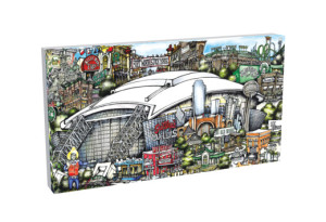 Colorful illustrated postcard featuring a detailed cityscape with prominent landmarks and various signs. pubsOf Cowboy Stadium Dallas, TX - (Canvas)