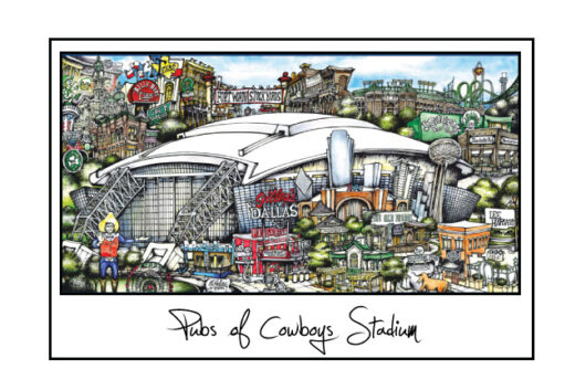 Illustration titled "pubs of cowboys stadium" featuring a colorful, detailed drawing of various buildings and landmarks around a stadium.