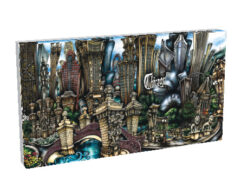 A colorful jigsaw puzzle box depicting the "pubsOf Downtown Chicago - (Canvas)" with diverse towering buildings and vivid marine life.