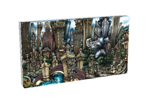 A colorful jigsaw puzzle box depicting the "pubsOf Downtown Chicago - (Canvas)" with diverse towering buildings and vivid marine life.