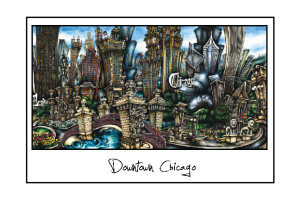 Artistic black and white illustration depicting a whimsical, surreal version of downtown chicago with fantastical elements and prominent text labeling the pubsOf Downtown Chicago.