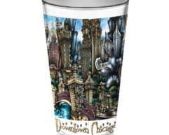 A pubsOf Downtown Chicago souvenir glass featuring a colorful, detailed illustration of iconic chicago landmarks and architectural elements, with the text "downtown chicago.