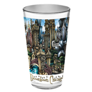 A pubsOf Downtown Chicago souvenir glass featuring a colorful, detailed illustration of iconic chicago landmarks and architectural elements, with the text "downtown chicago.