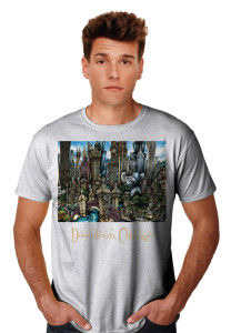 A young man wearing a gray t-shirt with a detailed graphic print of pubsOf Downtown Chicago.