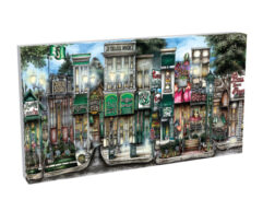 Illustration of a vibrant street scene depicting a row of charming, diverse storefronts, including a pub, a bakery, and various shops.
