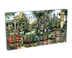 A colorful puzzle box featuring a detailed illustration of a whimsical cityscape with buildings, arches, and lush greenery.