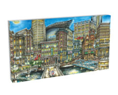 An artistic cityscape painting on canvas depicting a vibrant urban scene with various buildings, a river, and bridges.