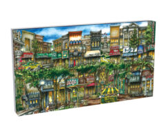 Illustration of a vibrant city street with various shops and eateries, depicted in detailed, colorful artwork on a puzzle box.