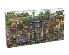 Colorful illustration of a bustling street lined with varied, detailed storefronts, displayed on the cover of a jigsaw puzzle box.