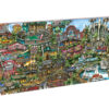 Colorful illustrated map featuring a bustling cityscape with various buildings, signs, and a marina.