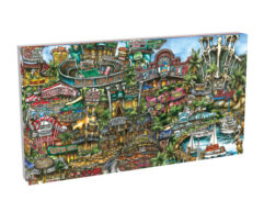 Colorful illustrated map featuring a bustling cityscape with various buildings, signs, and a marina.