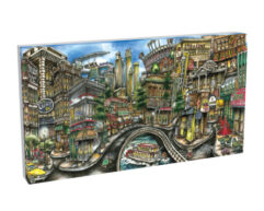 Illustration of a bustling, colorful cityscape featuring diverse architecture, a bridge, and signage in various styles.