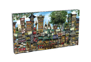 Illustration of a bustling vintage street scene with diverse architectural styles and colorful signage featuring pubsOf Downtown Chicago.